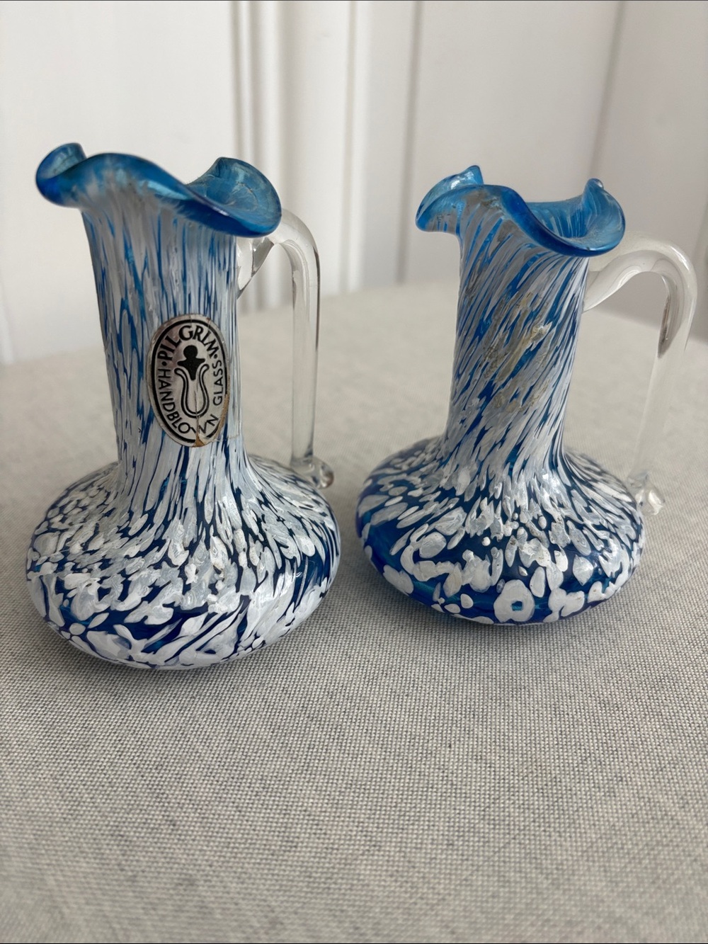 3.75" Pilgrim Handblown Glass Blue & White Ruffle Rim Small Splatter Pitchers
